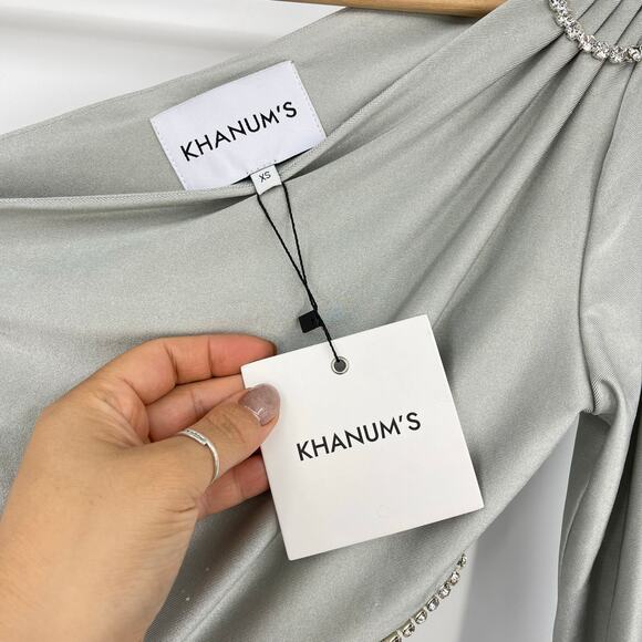 Khanum's | NWT One Shoulder Sash Mini Dress in Silver Party Rhinestone Trim XS - Picture 5 of 16